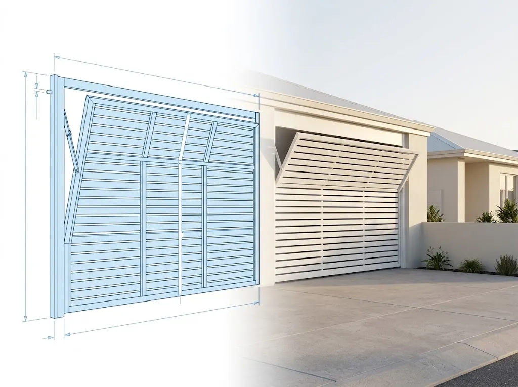Portão basculante de alumínio branco, meio aberto na garagem de uma casa; à esquerda, o mesmo portão aparece como desenho técnico em azul, com linhas de medida