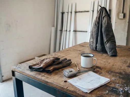 Luvas de trabalho gastas, trena, lápis e uma caneca de café sobre a bancada, ao lado de um rascunho de medidas feito à mão, com um casaco pendurado num prego ao fundo